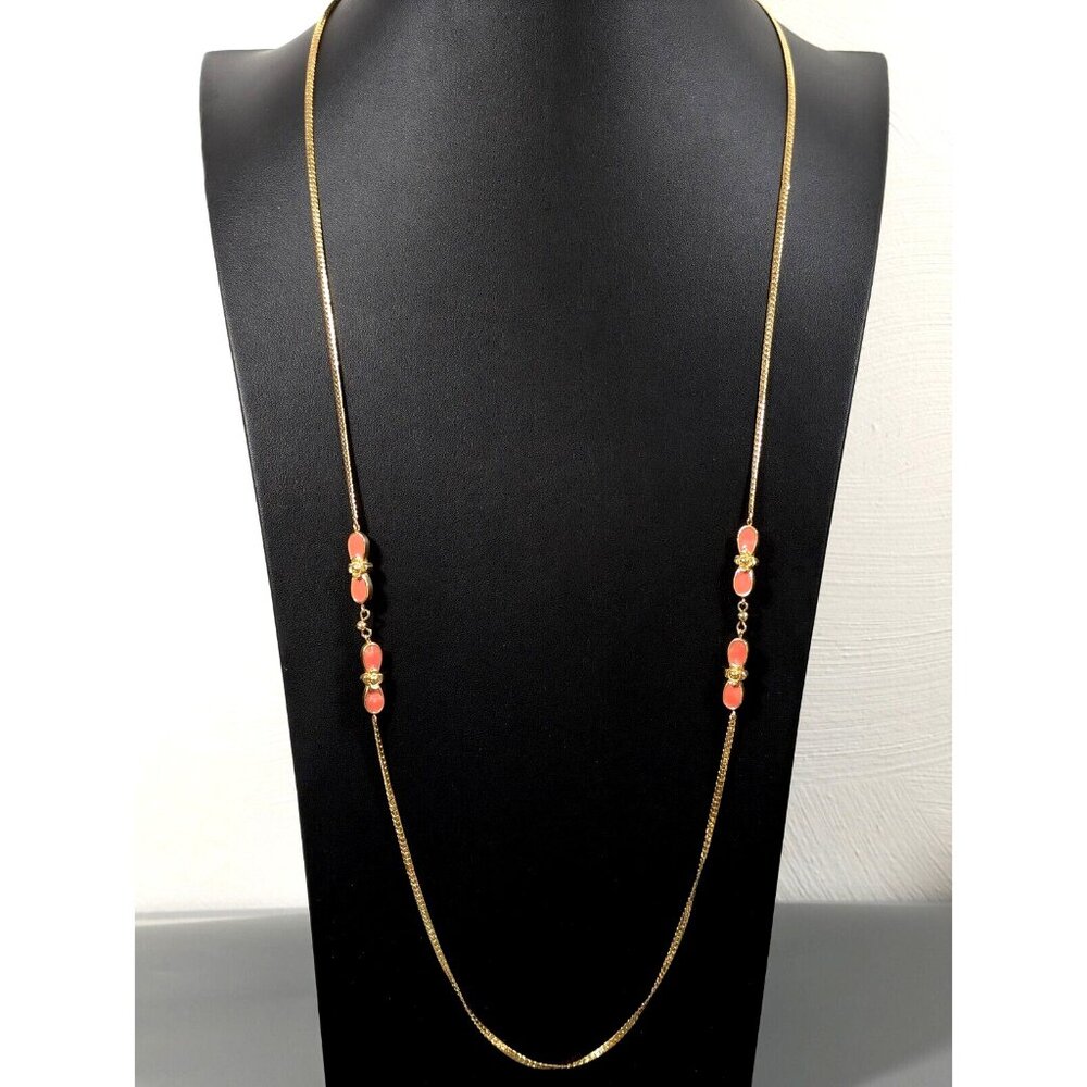 Vintage Monet Orange Enamel Oval Station‎ Herringbone Chain Long Necklace 36 in